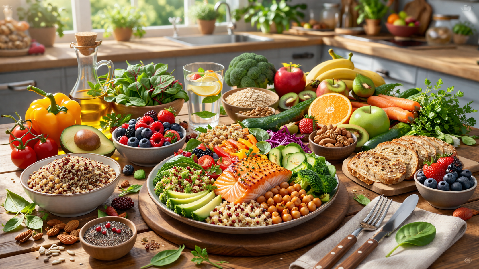 healthy balanced meal with fresh vegetables colorful fruits whole grains and natural ingredients arranged on wooden table in bright kitchen
